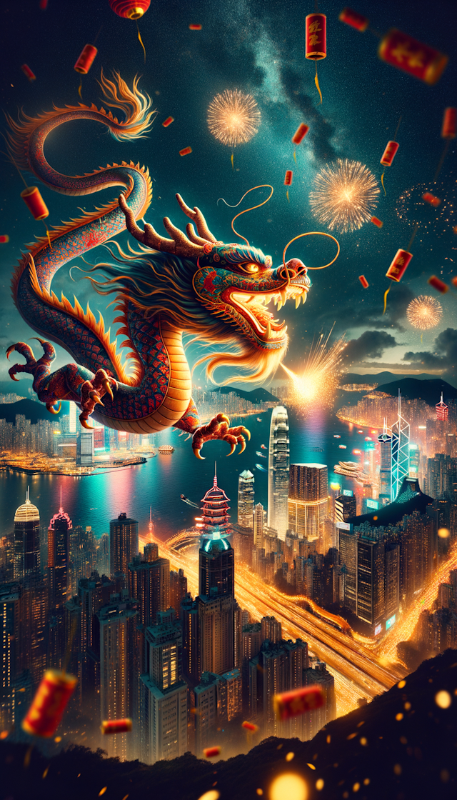 中國新年龍飛在香港夜空