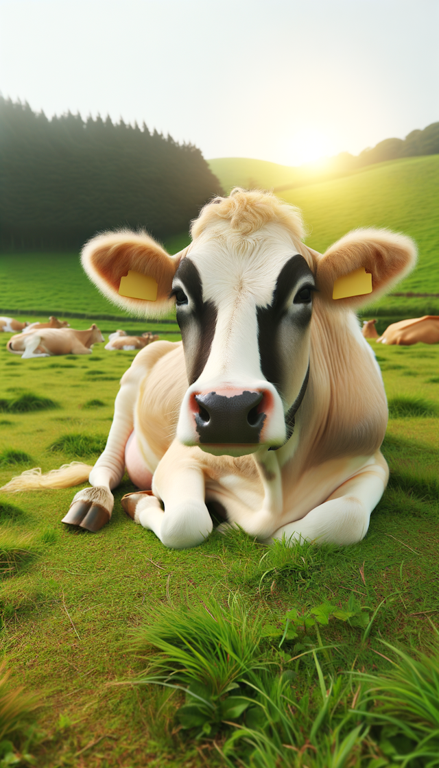 一头奶牛站在草原上舒服的吃着草