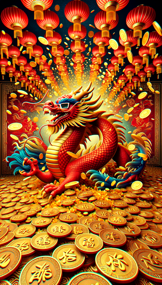 Chinese style Year of the Dragon poster, with gold coins falling like rain in the background and a Chinese dragon in the middle, the whole thing is 3D stereoscopic, with a festive atmosphere, with red and gold as the main colours