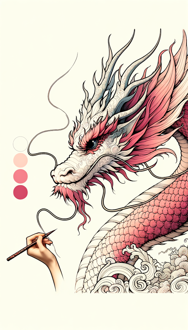 Chinese dragon painted by Wu Guanzhong, very cute dragon, close-up head, ink artistic conception, abstract simple lines, illustration, Picasso, pink color, white background, 18k --ar 3:4 --v 6.0