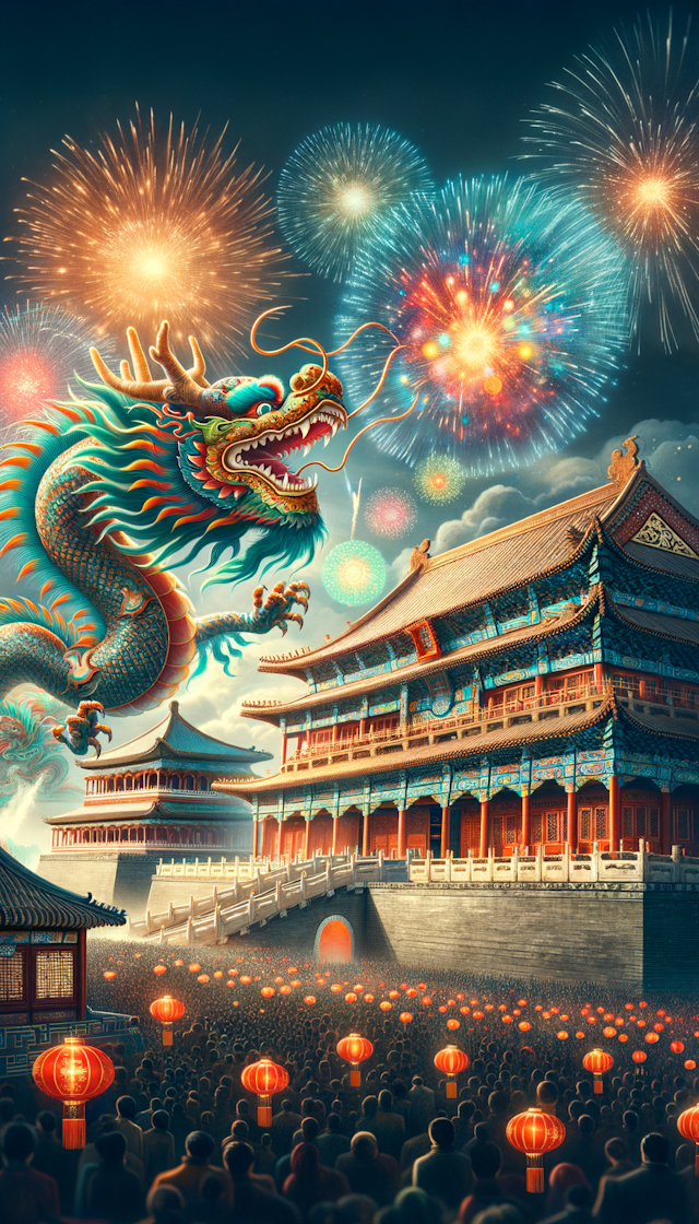 背景是中国古风春节，有一条巨龙冲天而起，它的头顶是五彩烟花