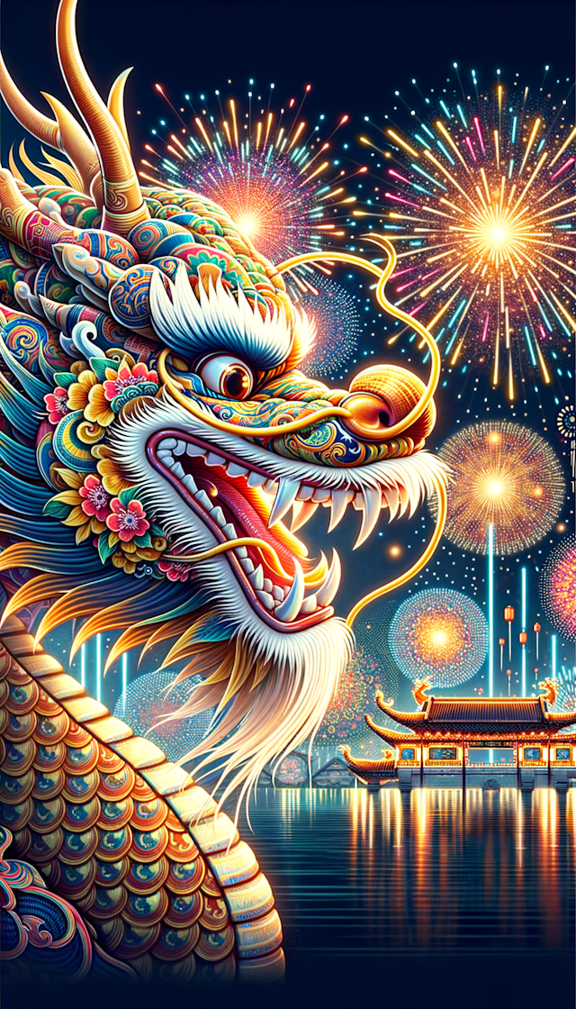 A close-up illustration of a Chinese dragon during the Spring Festival, set against a backdrop of dazzling fireworks, creating a festive and prosperous atmosphere, conveying joyful and excited emotions, in a modern festive style. Special note: 李大宝 平安喜乐，快乐每一天