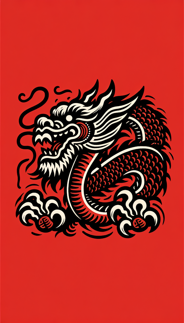 a traditional chinese dragon,four paw,keith haring style ,thick Line draft,lino print,cool,simple,black and red,red background