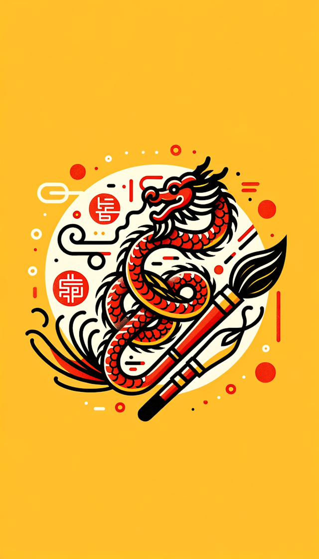 主体为黄色背景，一只毛笔上缠绕着一只龙，结合龙年和红色元素，极简线条风格