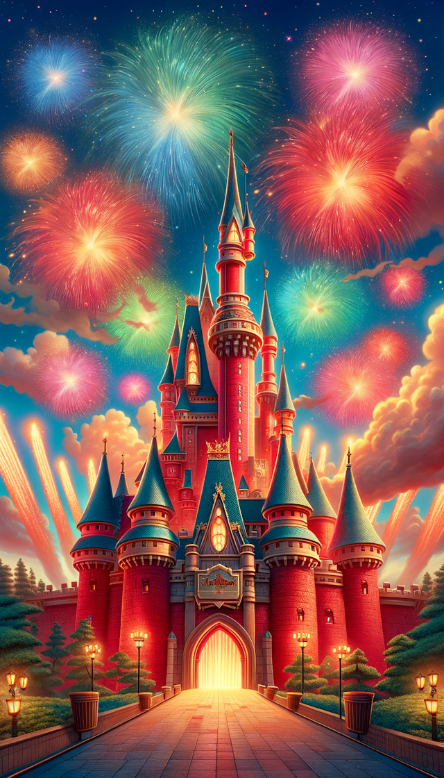 红色的城堡上空，绽放迪士尼风格的烟花