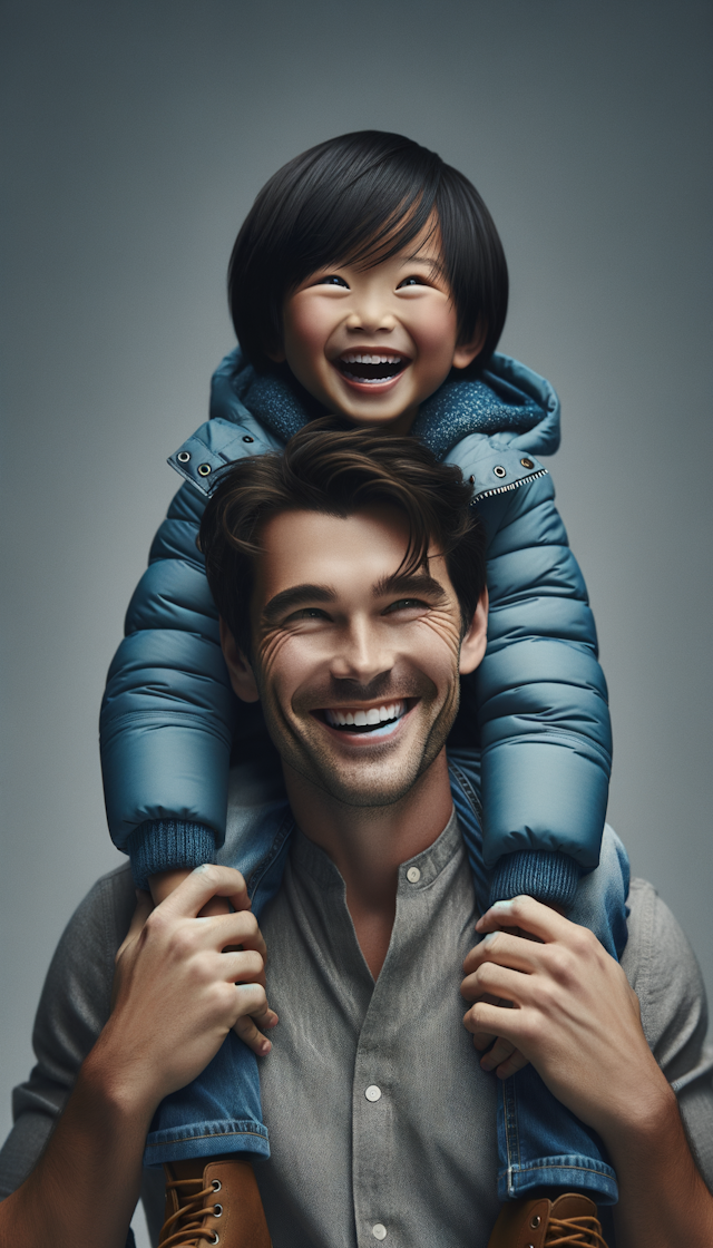 A man wearing a grey shirt is holding a young boy on his shoulders. The boy is wearing a blue jacket and has a big smile on his face, seemingly enjoying the moment.