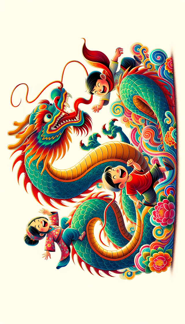 一条卡通的中国龙和2个儿童在戏耍，卡通风格