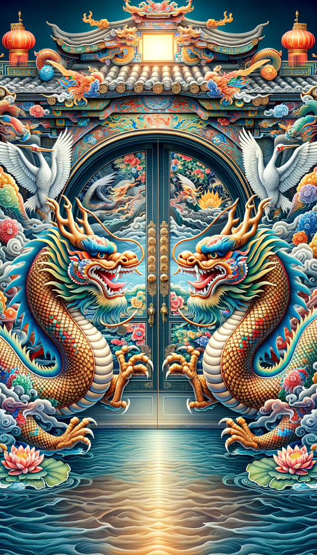 画一对可爱的龙头像的门神，背景还有仙鹤、鲤鱼