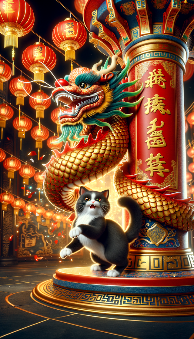 中国风喜庆的龙和猫