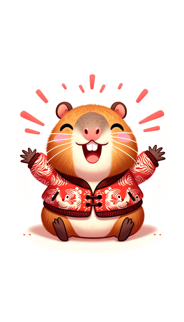 胖胖的水豚，可爱，新春快乐，红色老虎纹理的小棉袄，开心的笑容