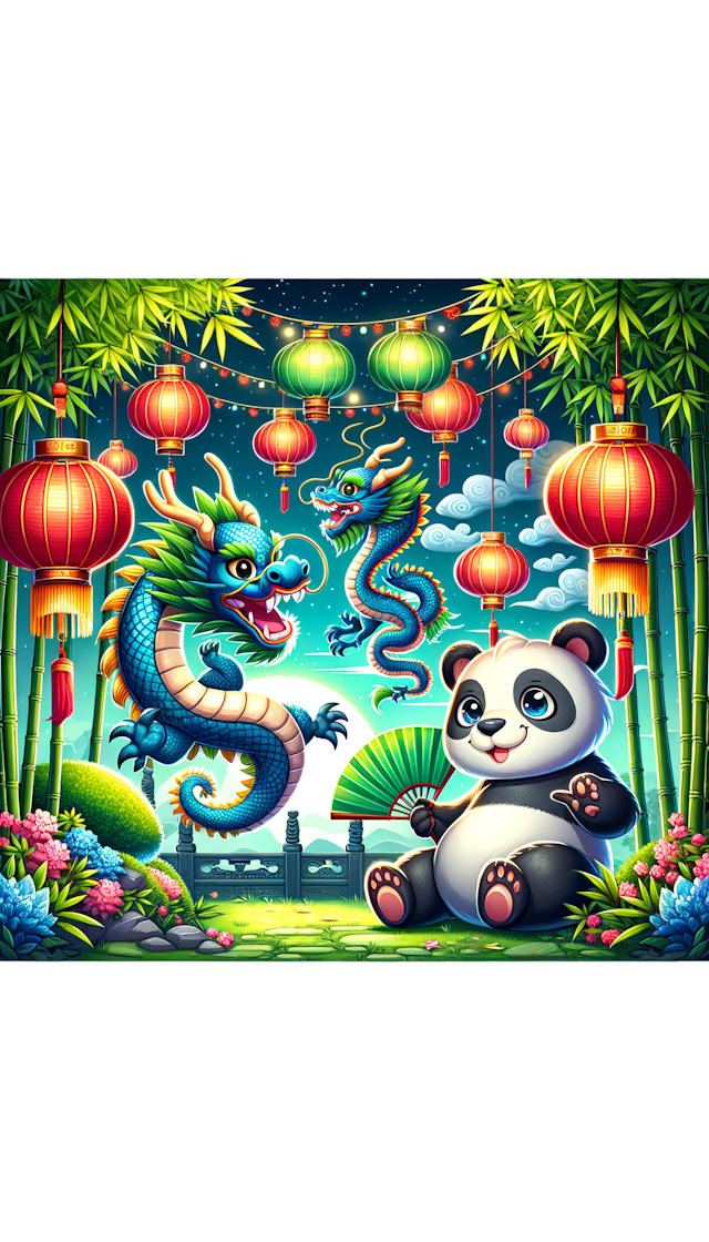 春节氛围且包含龙和熊猫可爱、二次元风格