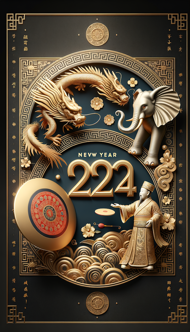 "The number "2024" and a frisbee are centered at the bottom, and a golden elephant and a golden Chinese dragon interact to form a vivid, well-designed New Year poster with Chinese elements."