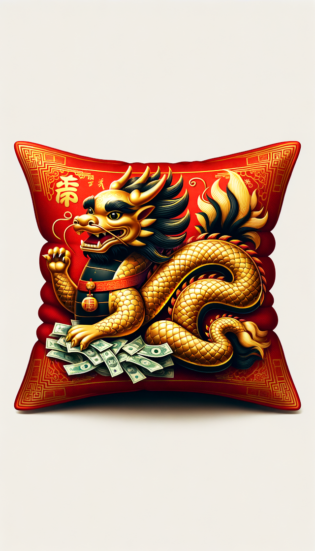 gold dragon sitting on a red cushion with waving left hand as like as maneki neko & right hand holding money