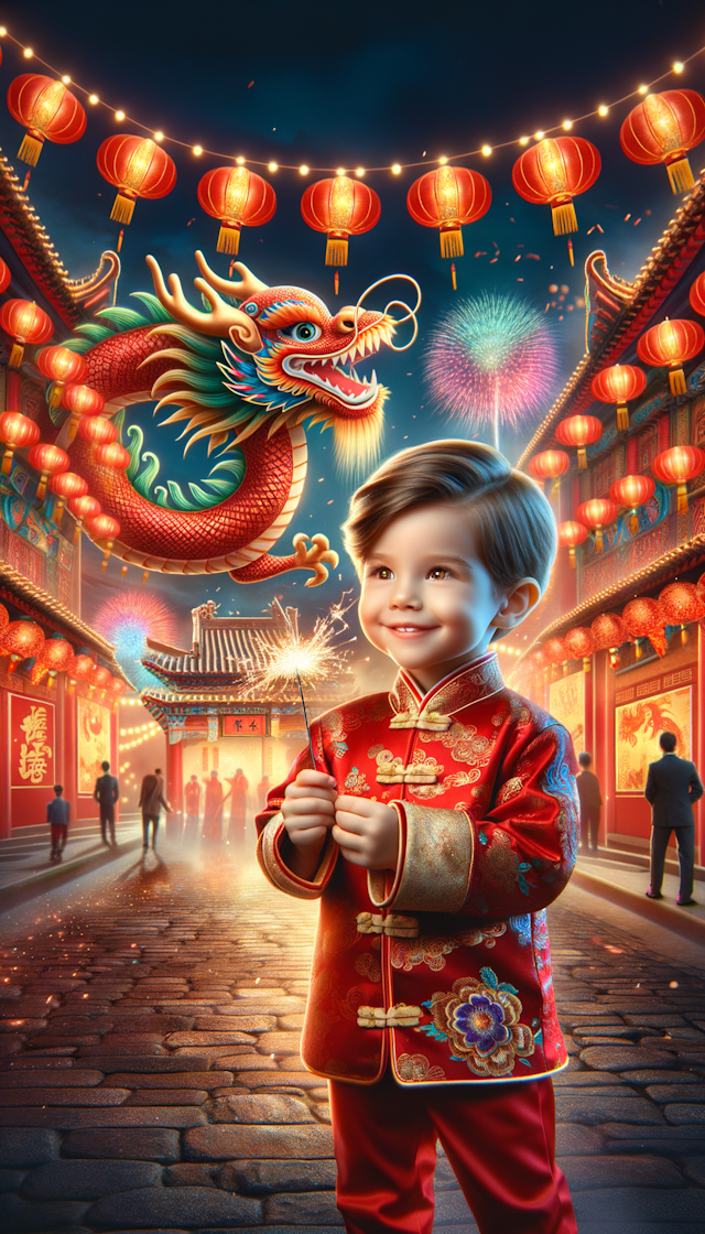 可爱的小男孩，背景中国龙新年