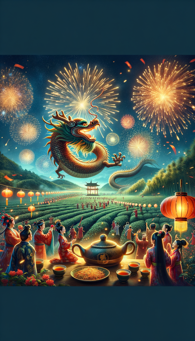 满天烟花星彩夜空下中国龙跟人们在一大片茶田庆祝新年快乐灯笼彩带普洱茶饼茶杯盖碗