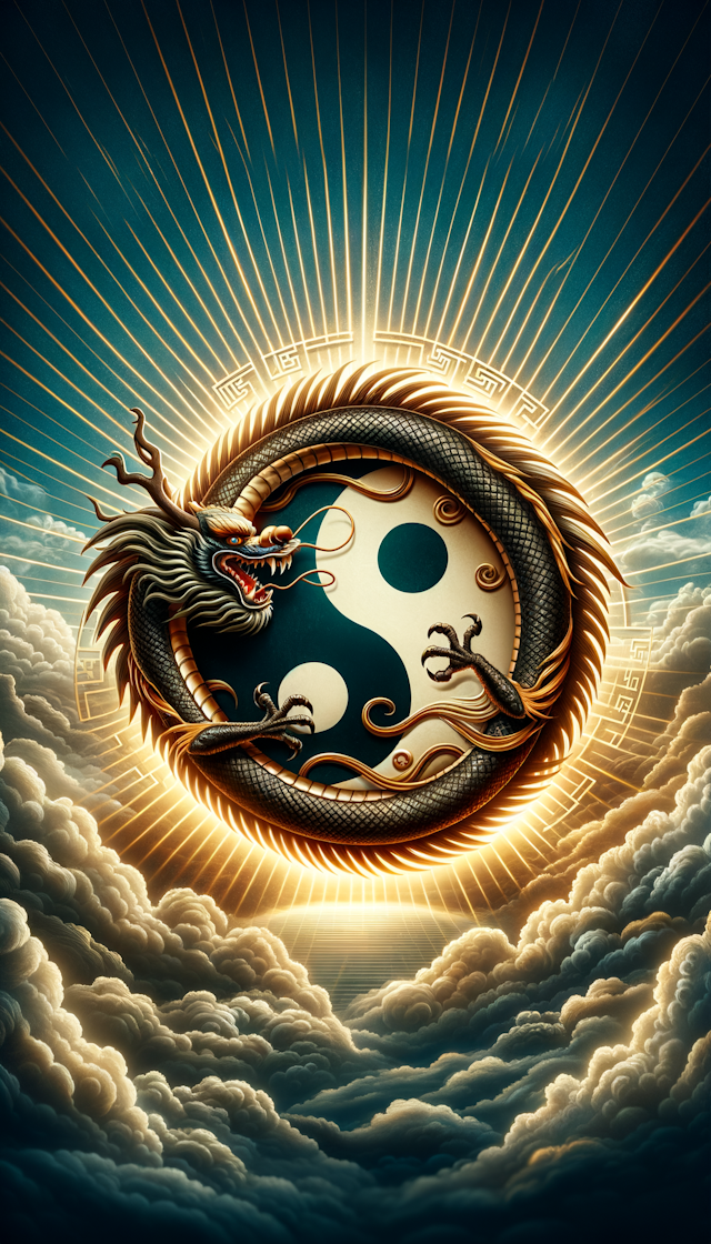 一条中国龙围绕着一个中国太极图，背后是灿烂的阳光和云彩，太极图用阴阳鱼版本的，不要加其他元素和文字，整个图需要霸气一点
