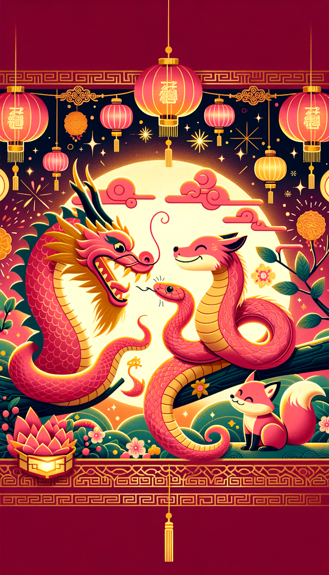 粉色龙和小蛇和小狐狸共贺新春