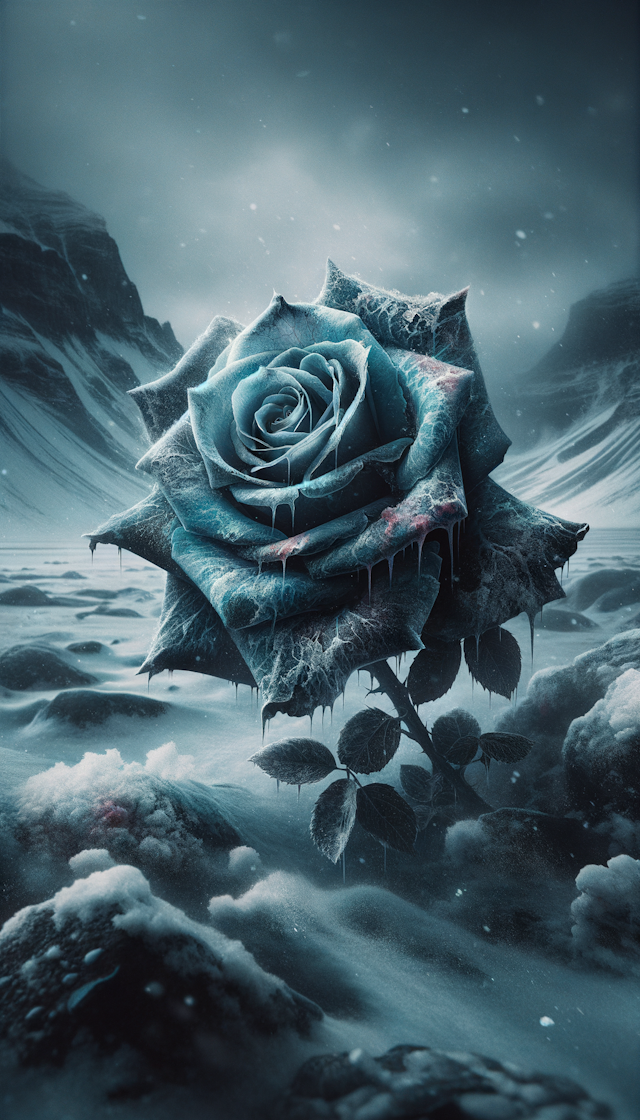冰天雪地里生长出的冰蓝色玫瑰花，暗色调，低饱和