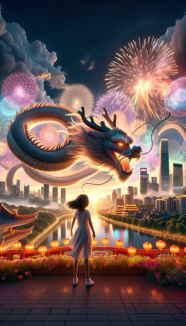 一个女孩，天空飘浮巨龙，烟花北京，3d渲染
