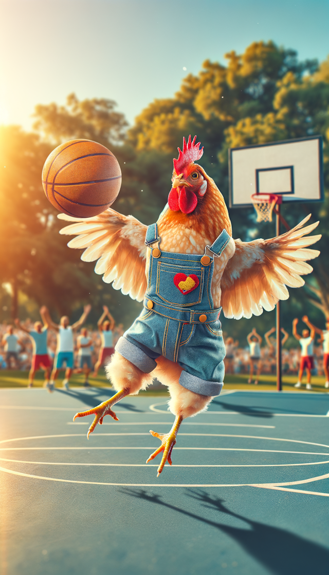 打篮球的鸡，穿着背带裤