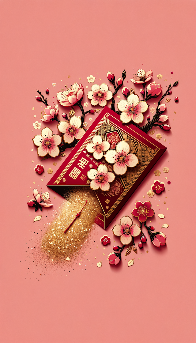 一个布满樱花的红包封面设计，金色粉末洒金状态，中国风，粉金色为主色调，高级感