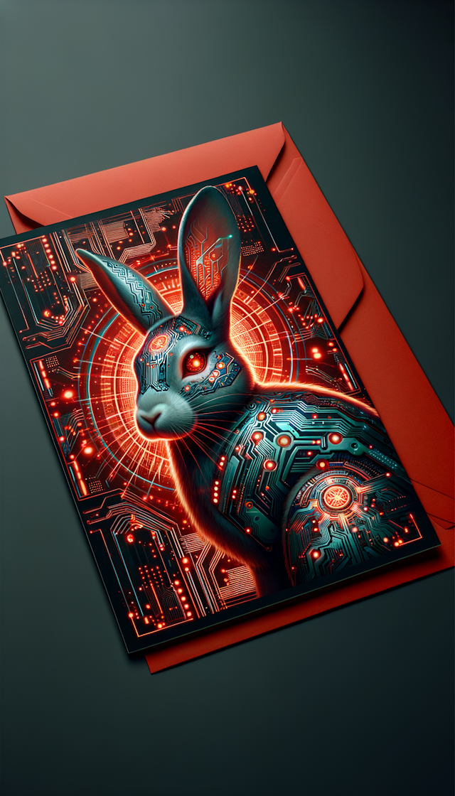 生成一张具有高科技感的拟人化兔子红包封面