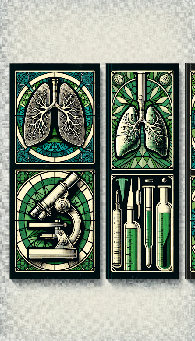 cover for book. Stained glass with a drawing of a microscope, a knife, lungs and a laboratory test tube, in green. One in each corner