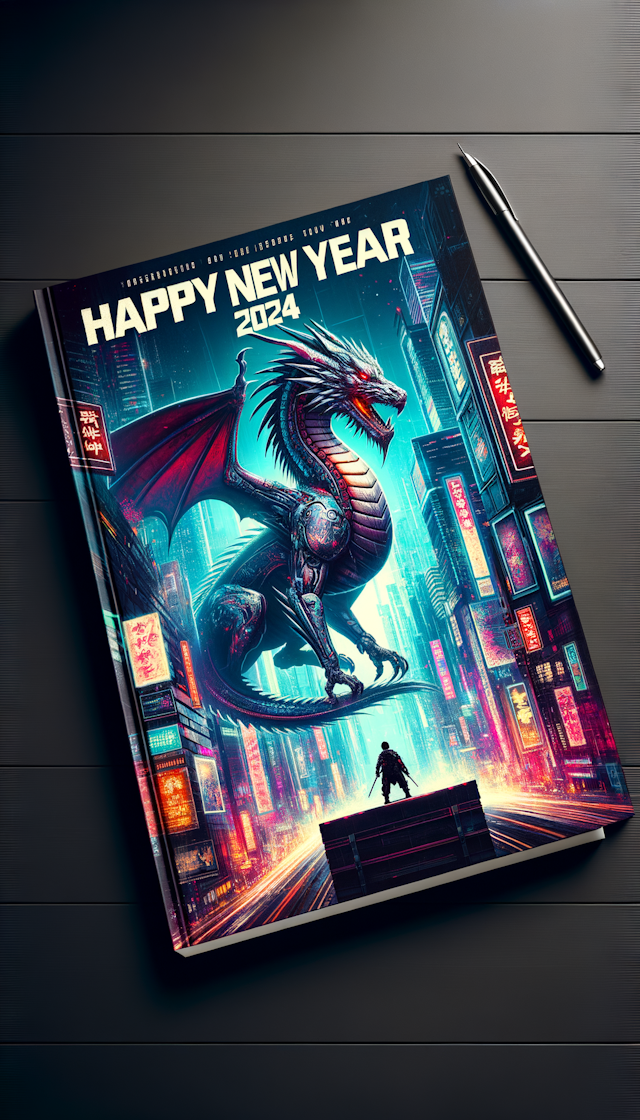 一条赛博朋克的龙,    一个侠客站在龙上面,  2024新年快乐 几个字作为封面, 赛博风格